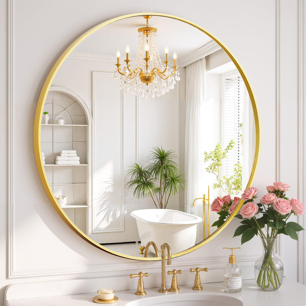 SageNest round wall mirror with gold frame mounted in bathroom for bright reflections.