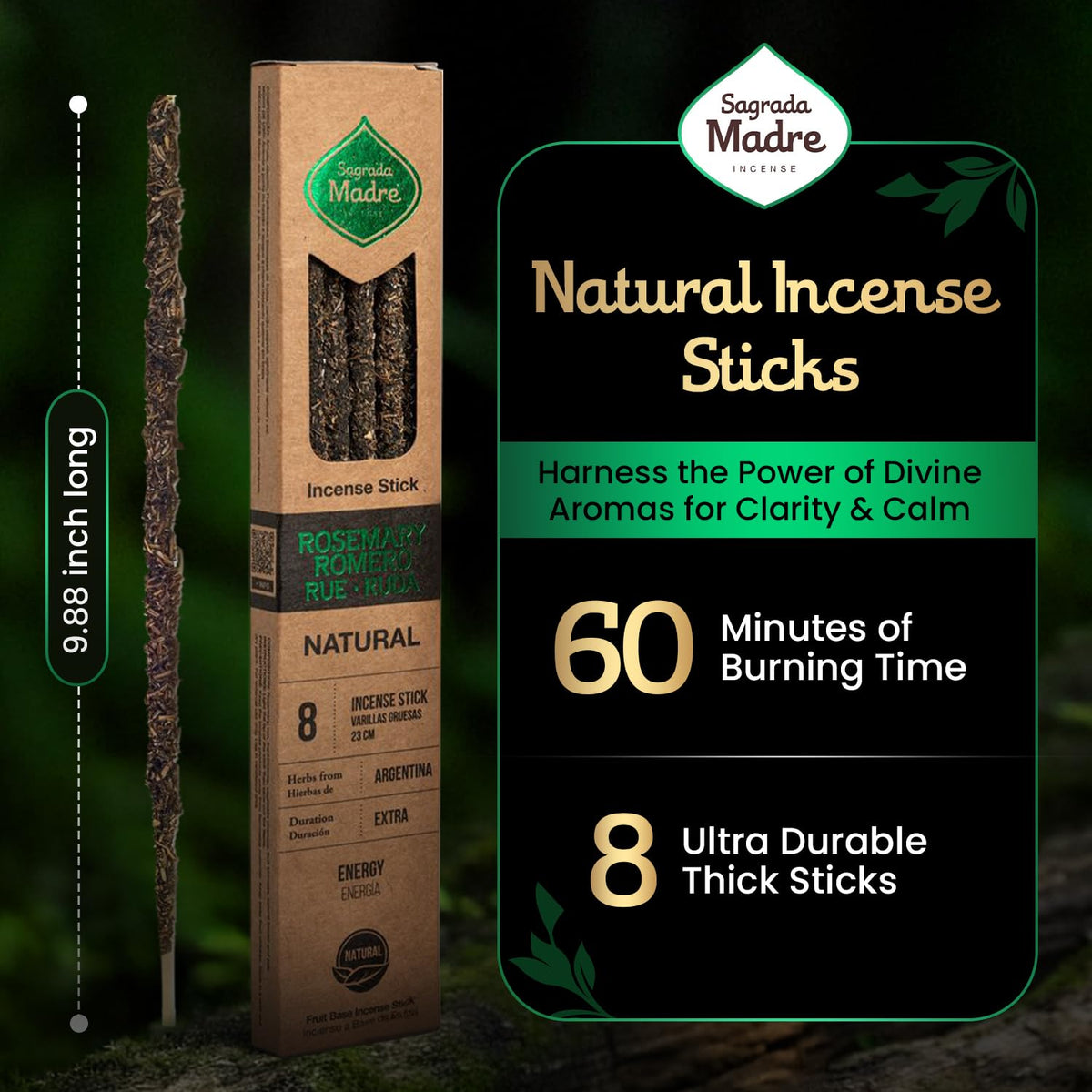 Sagrada Madre frankincense incense sticks close-up highlighting natural ingredients.