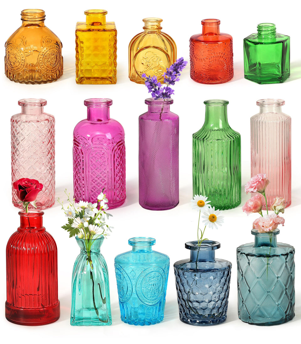 Saiguomi colorful bud vases set 1 shown as a vibrant centerpiece arrangement on a dining table