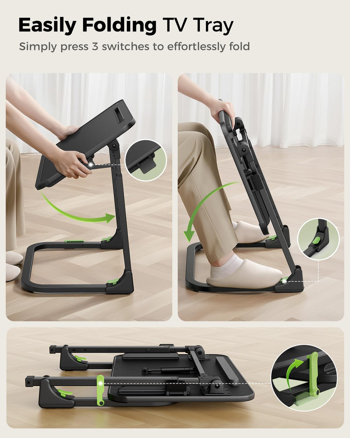 SAIJI Foldable TV Tray height-adjustment demonstrates customizable comfort while viewing.