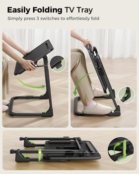 SAIJI Foldable TV Tray height-adjustment demonstrates customizable comfort while viewing.