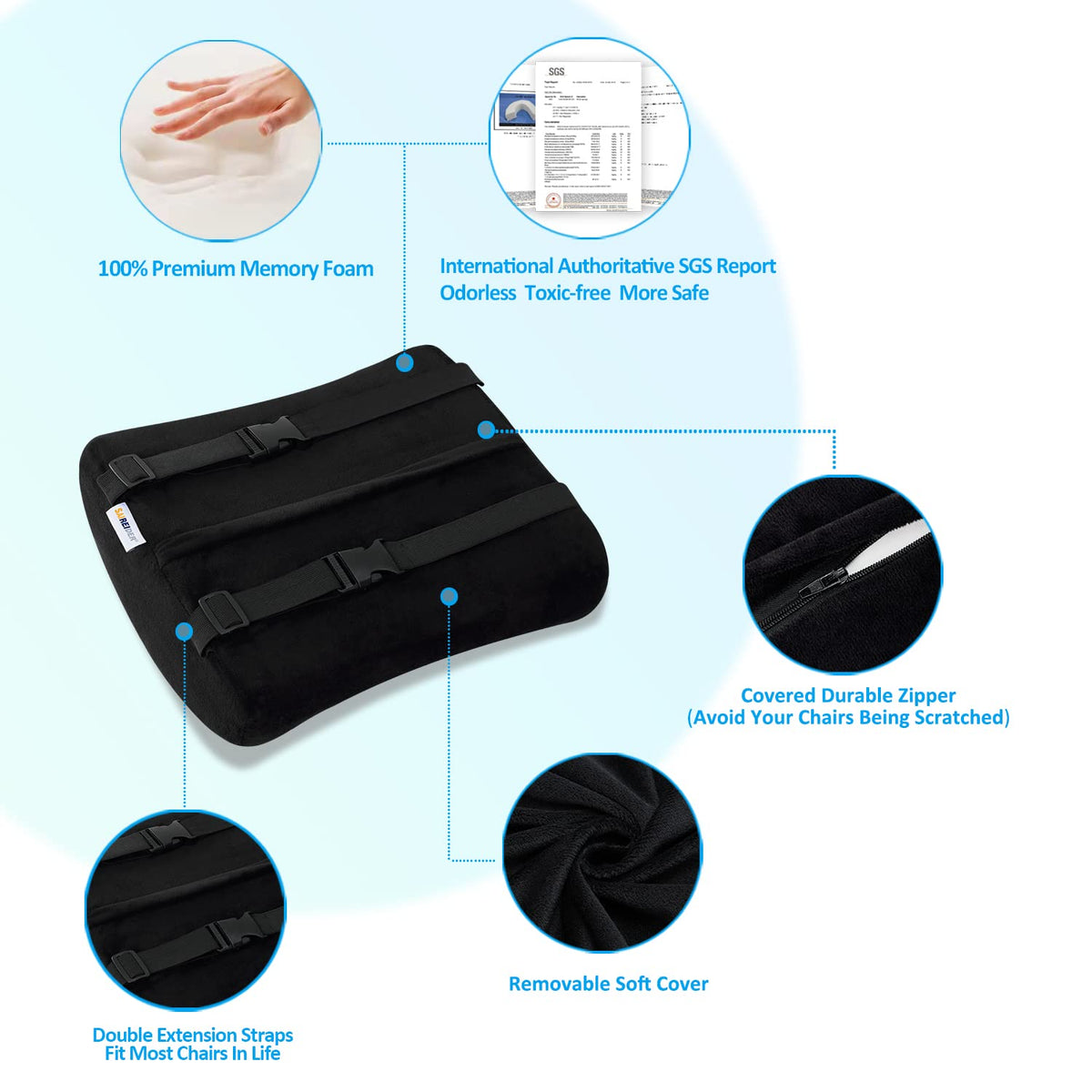 SAIREIDER adjustable straps keep the pillow secure on various chairs throughout the day