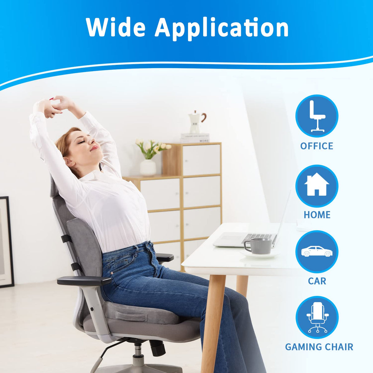 SAIREIDER lumbar pillow with adjustable straps secures on various chairs.