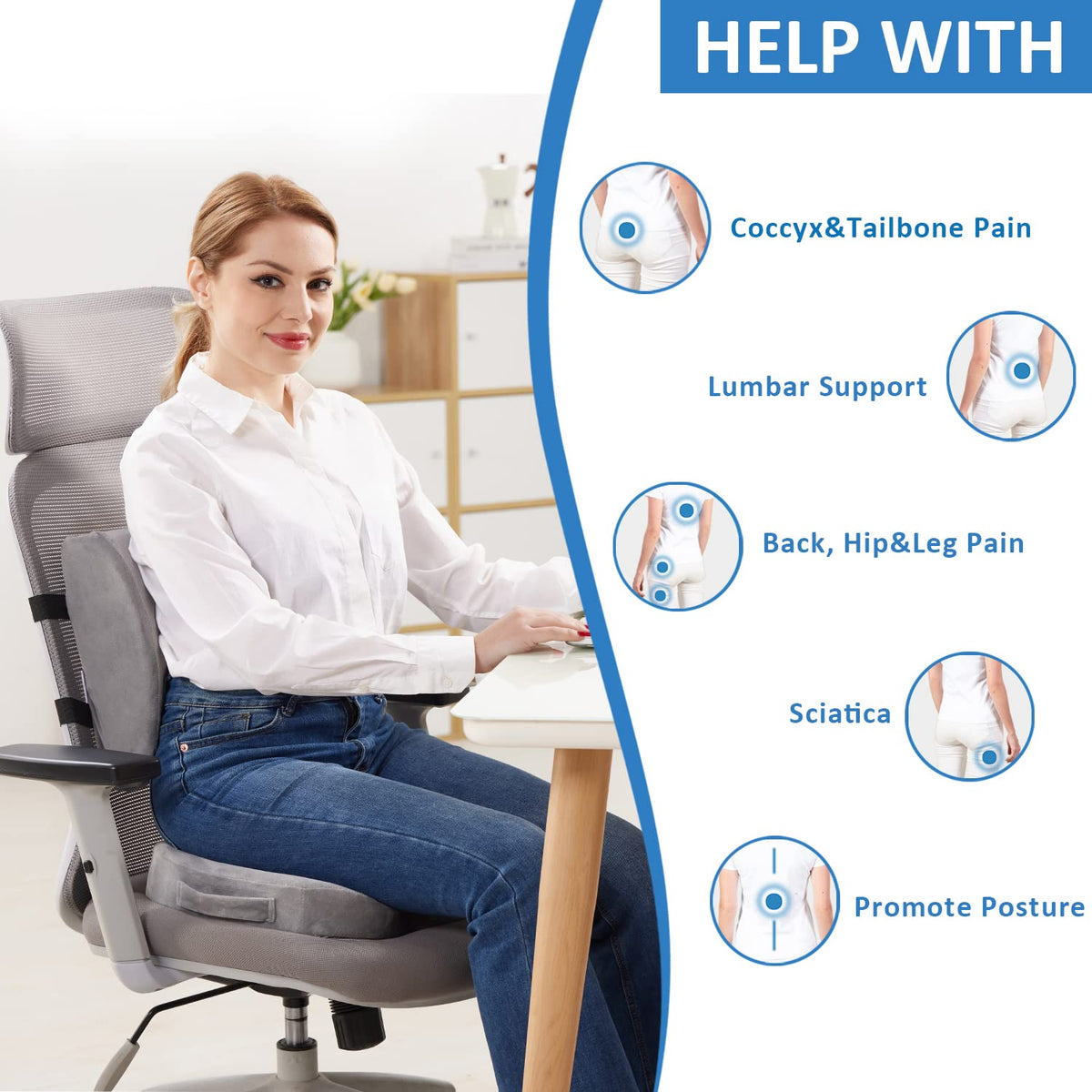 SAIREIDER seat cushion memory foam close-up highlighting pressure relief on sit bones.