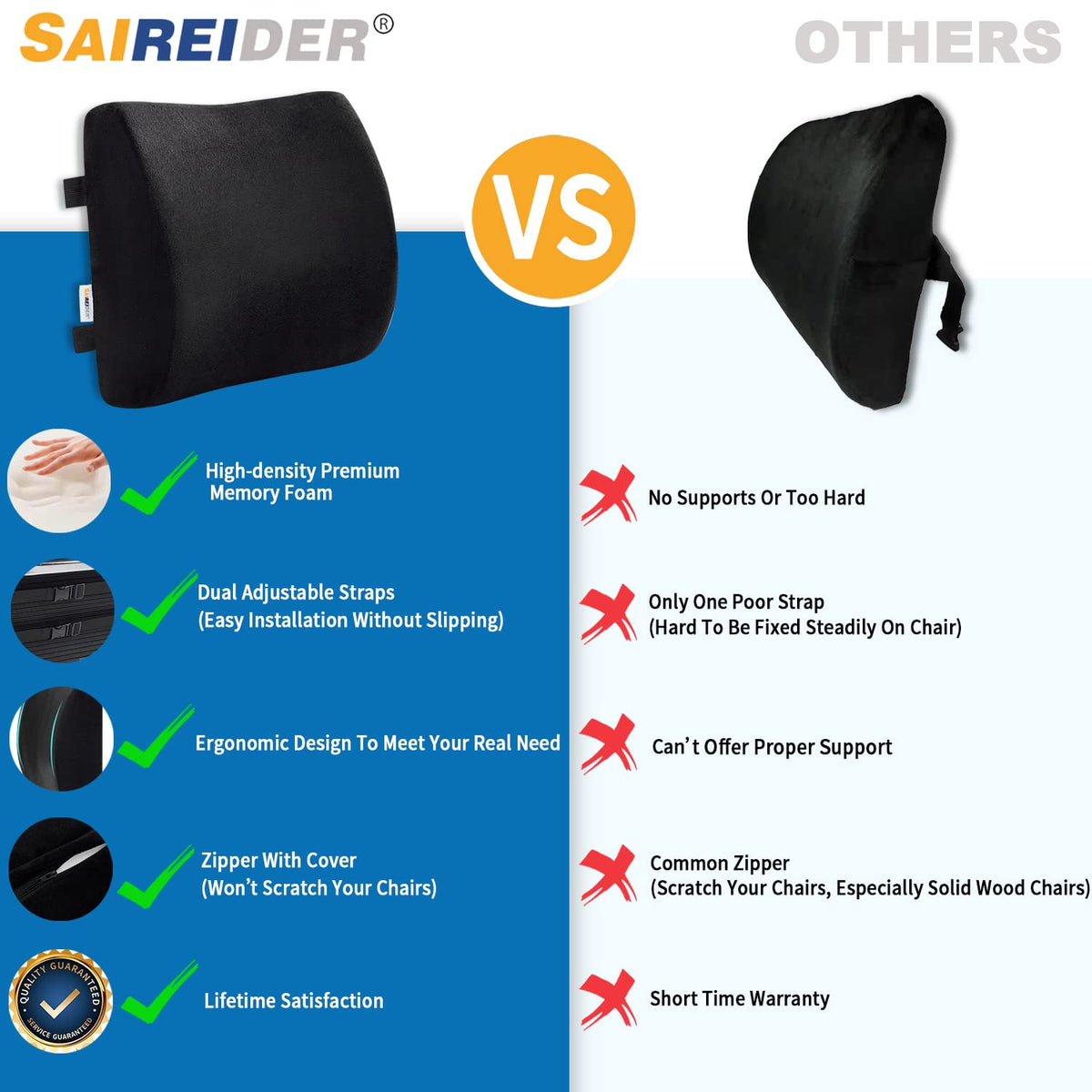 SAIREIDER soft removable cover protects the pillow and keeps chairs scratch-free