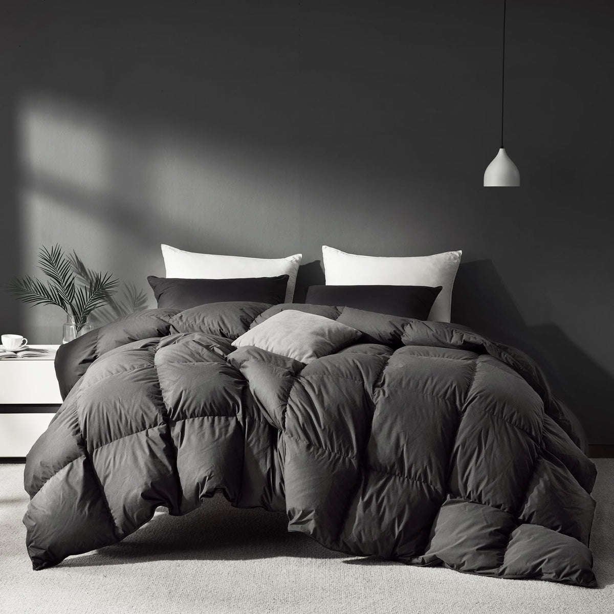 Saisier Grey Goose Down comforter queen close-up fabric showing soft, durable touch for year-round comfort