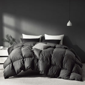 Saisier Grey Goose Down comforter queen close-up fabric showing soft, durable touch for year-round comfort
