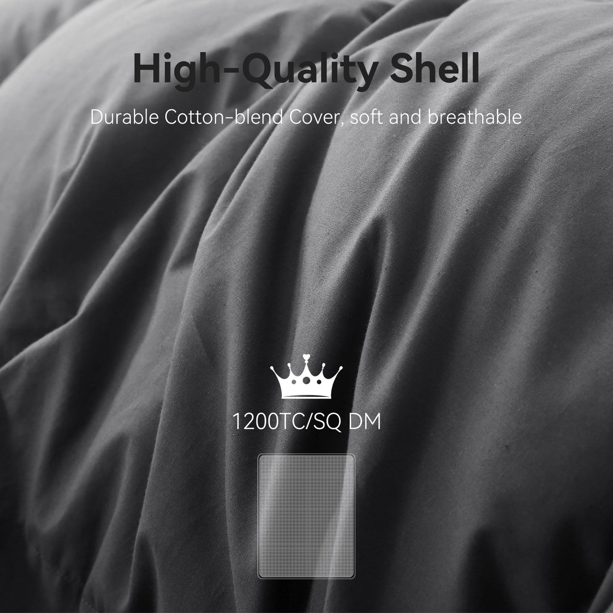 Saisier Grey Goose Down comforter queen loft view shows even fill and airy loft