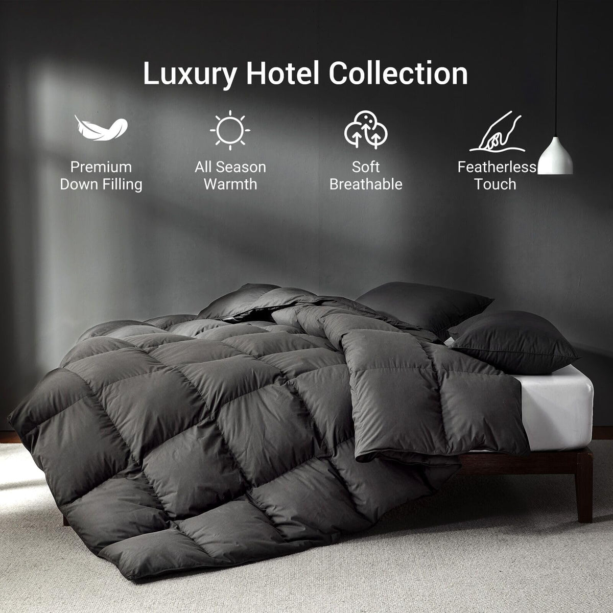 Saisier Grey Goose Down comforter warmth close-up illustrates balanced warmth for cool nights