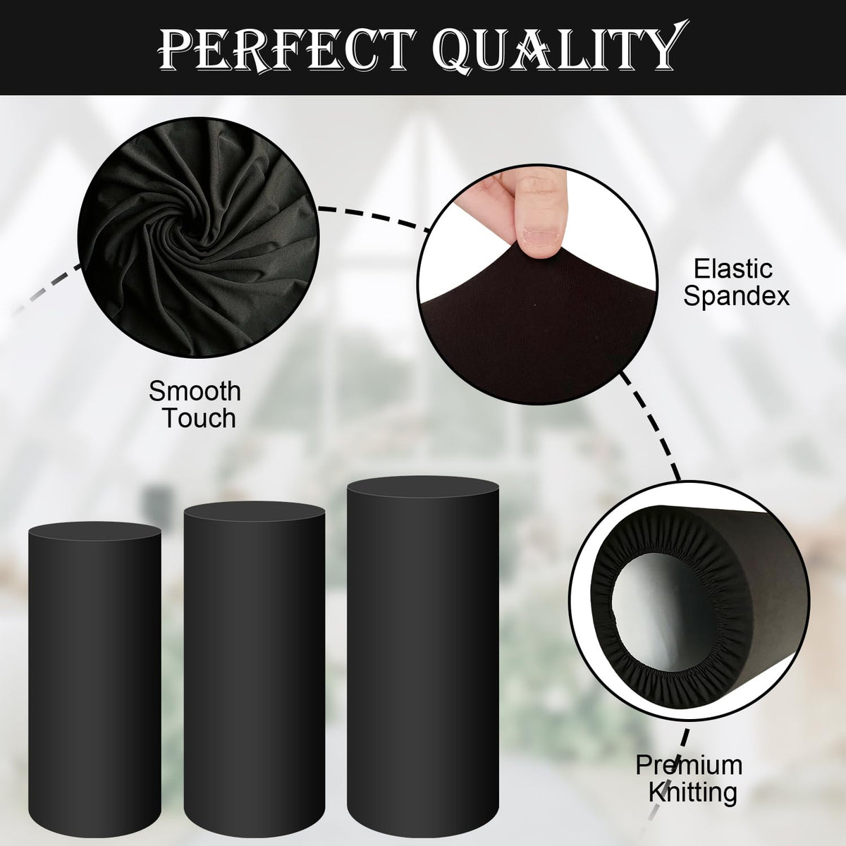 SaitiMade black cylinder pedestal cover on large pedestal creates elegant silhouette