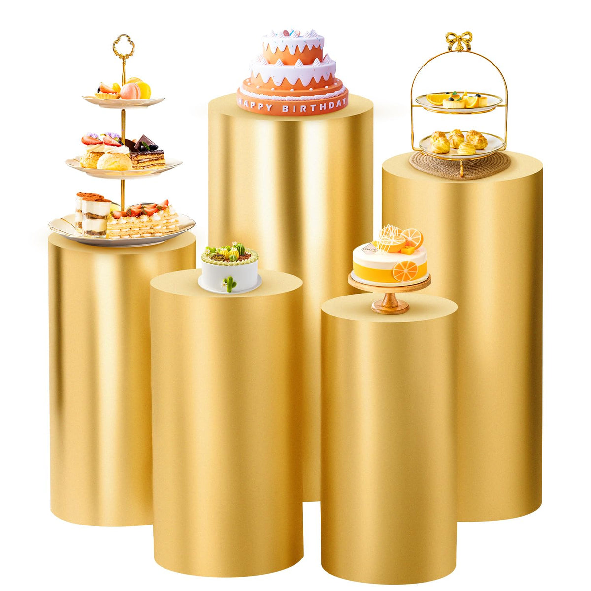 SaitiMade gold cylinder pedestal cover on white stand enhances wedding centerpiece glow
