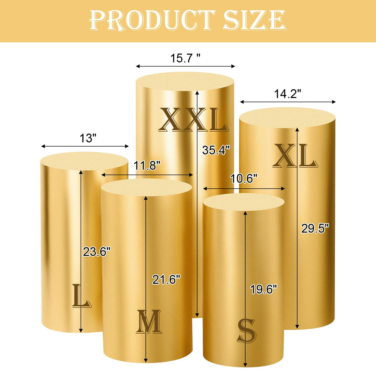 SaitiMade gold cylinder pedestal cover adds luxe shine to party tables