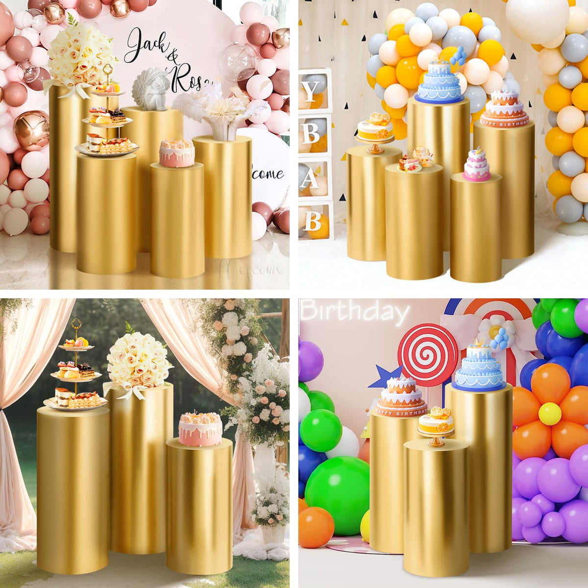 SaitiMade gold cylinder pedestal cover complements event decor with gold shimmer