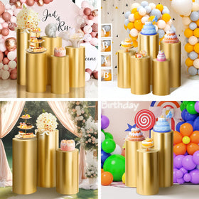 SaitiMade gold cylinder pedestal cover complements event decor with gold shimmer