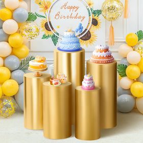 SaitiMade gold cylinder pedestal cover set ready for quick venue styling