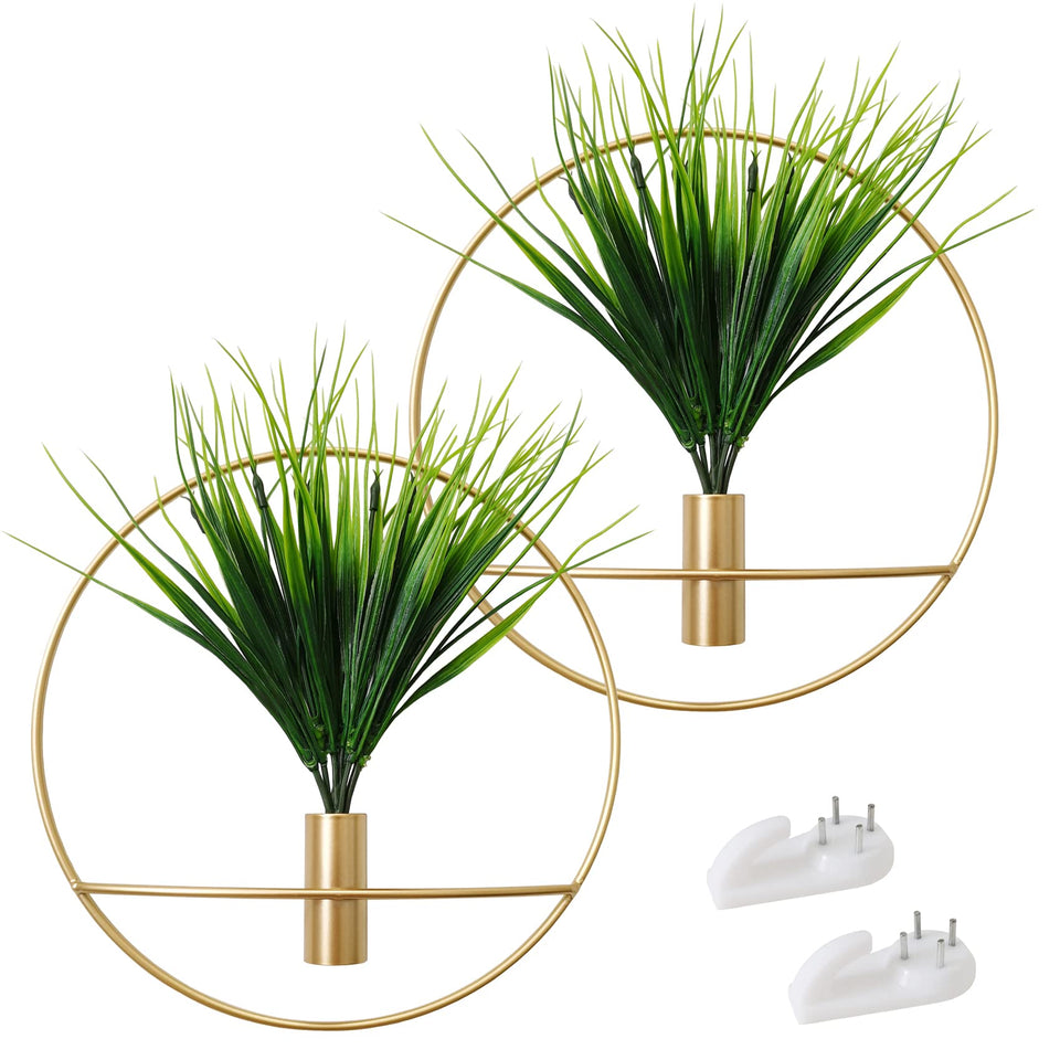 SAJANDAS gold round hoop wall decor with artificial grass for a two-piece display.