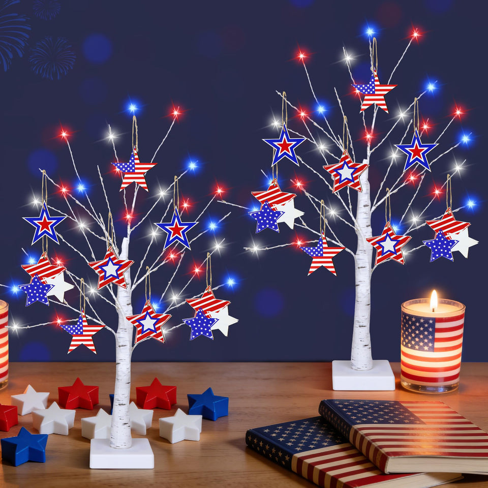 Sakayo fourth of july tree with red white blue lights enhances mantel décor.