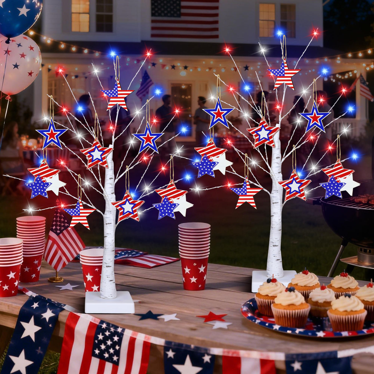 Sakayo patriotic wooden ornaments add rustic charm to the display.