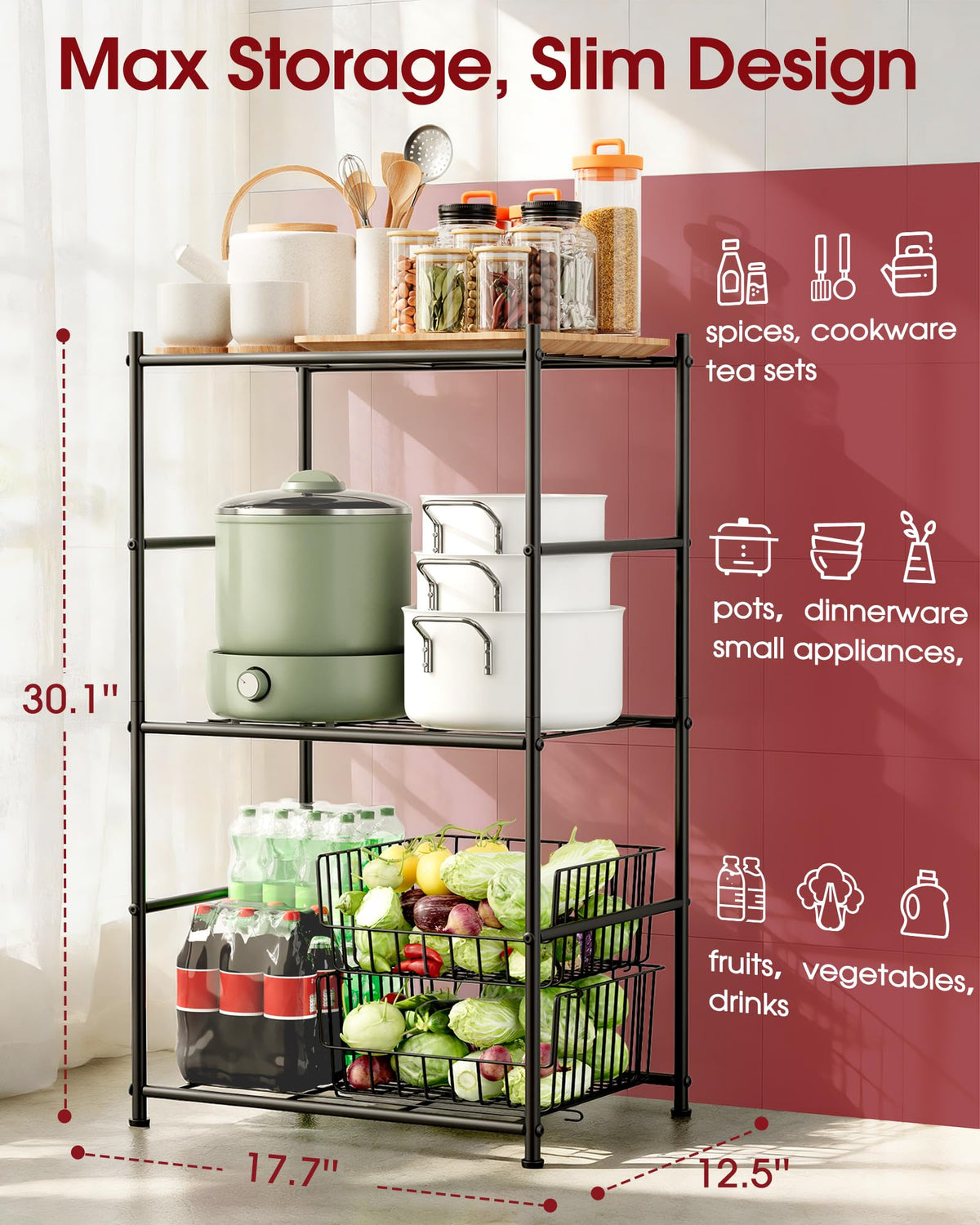 Sakugi 3 Tier shelf adjustable feet keep level on uneven floors.