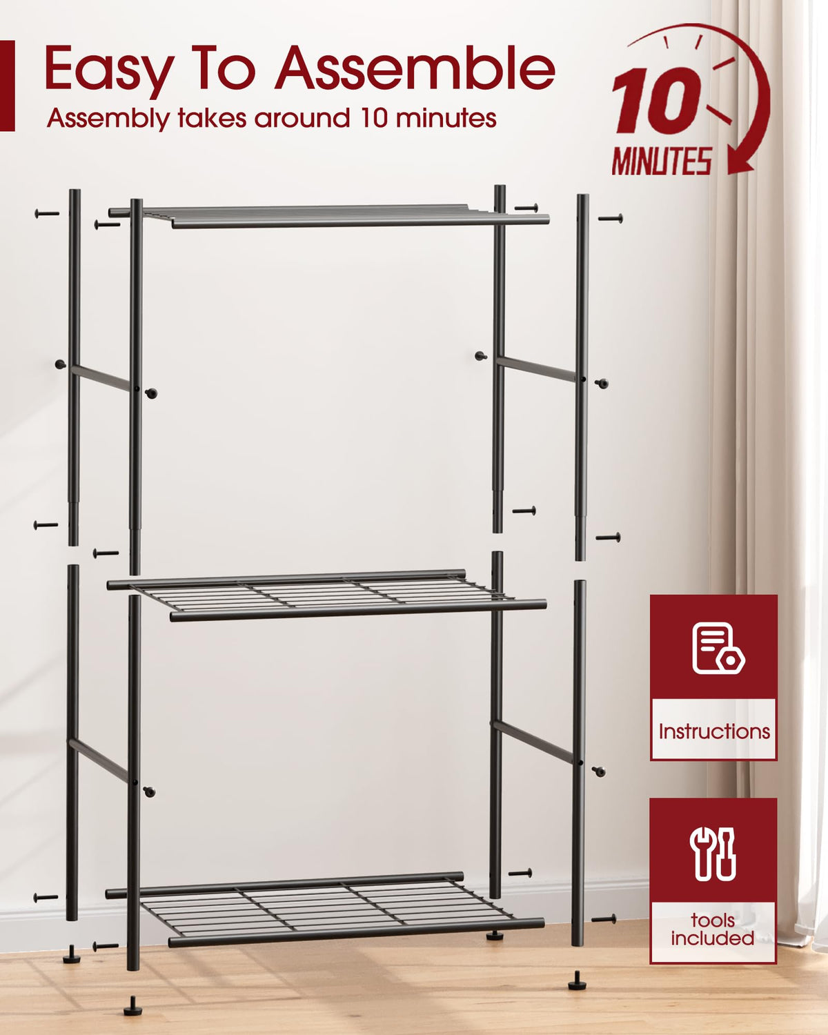 Sakugi 3 Tier shelf includes simple assembly with hex key and guide.