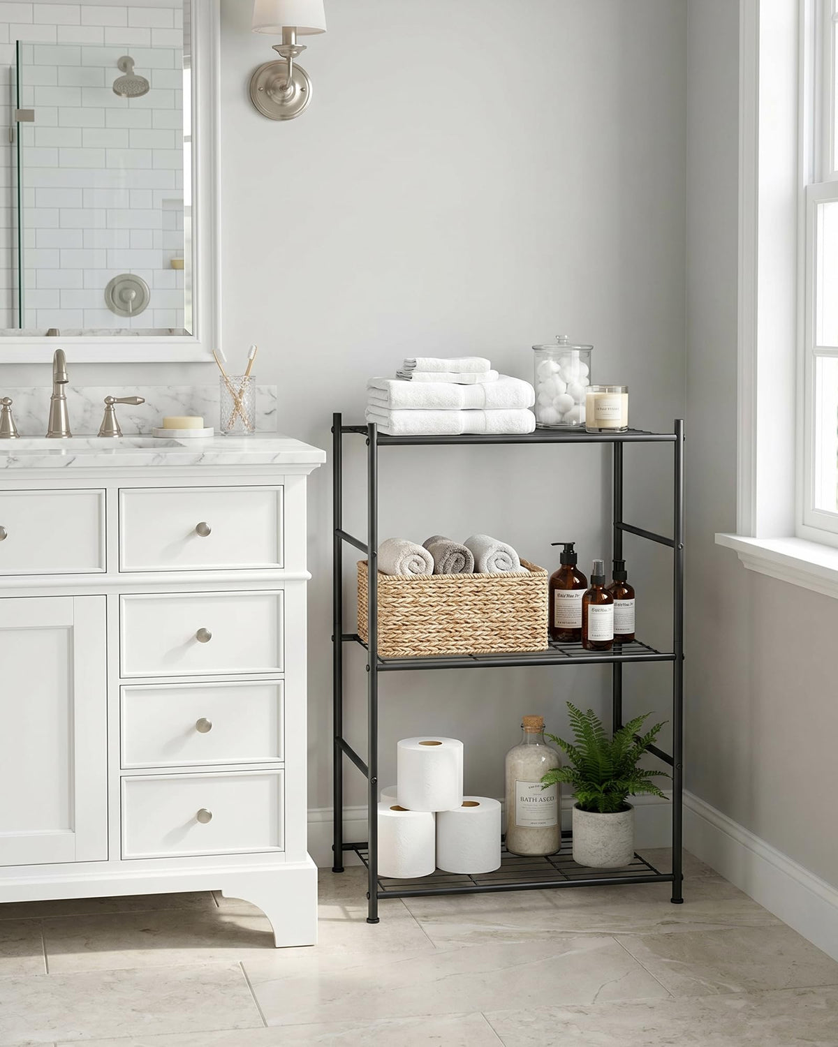 Sakugi 3 Tier shelf in kitchen use demonstrates organized pantry storage.