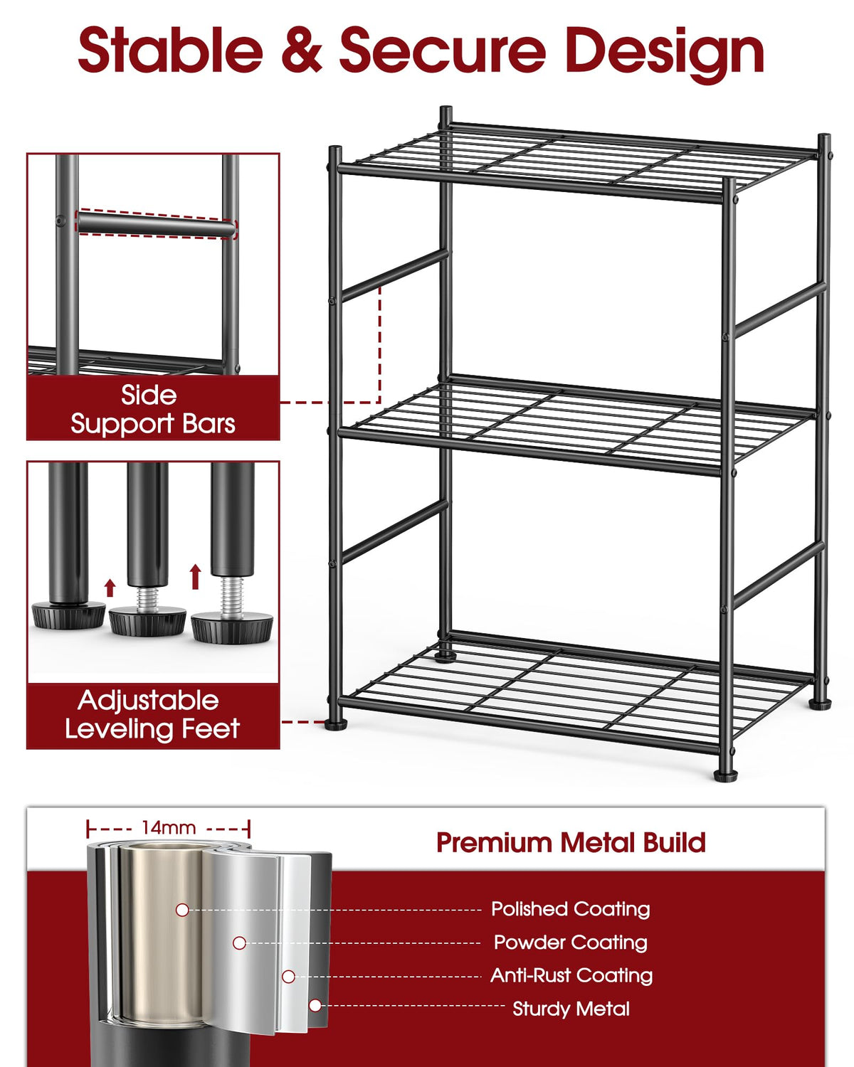 Sakugi 3 Tier shelf waterproof coating resists humidity in kitchen and laundry areas.