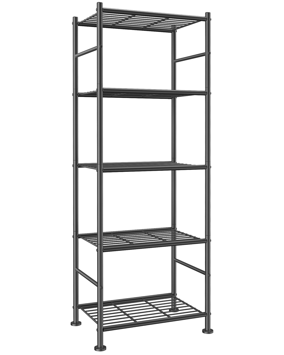 Sakugi 5-tier shelf unit front view, compact footprint for tight spaces.