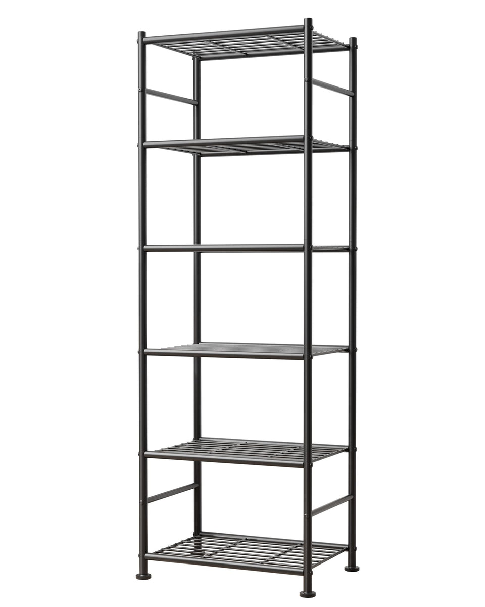 Sakugi 6-tier metal shelving unit assembly shows a sturdy frame for organized storage.