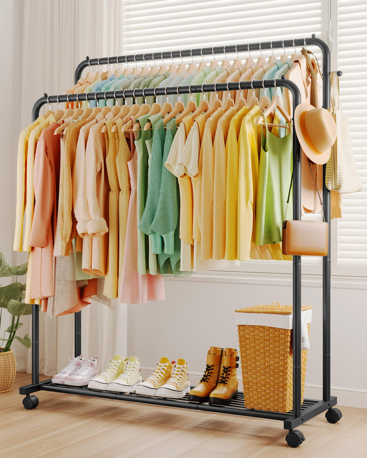 Sakugi rack featuring hooks and side bars to organize bags and accessories.