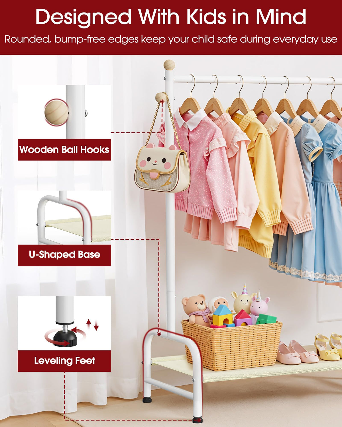 Sakugi toddler rack with bottom shelf demonstrates extra storage for shoes and toys