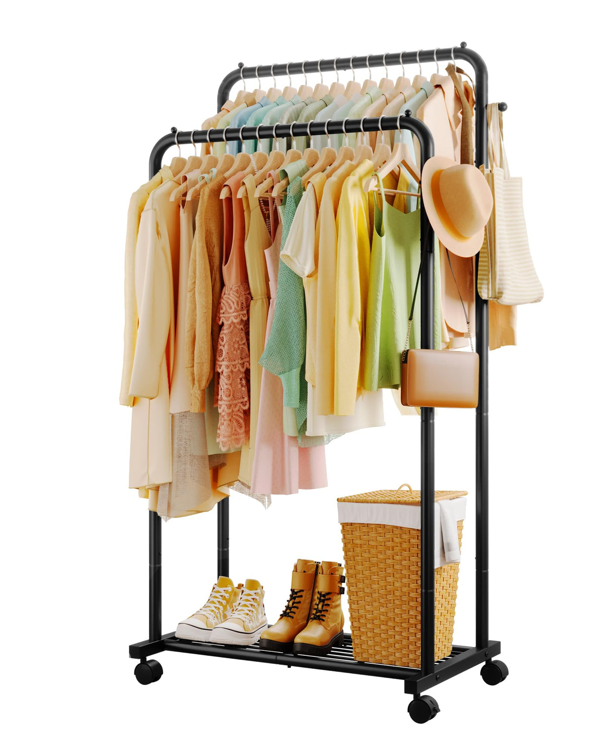 Sakugi double-rods clothes rack with mesh shelf keeps outfits neatly organized.