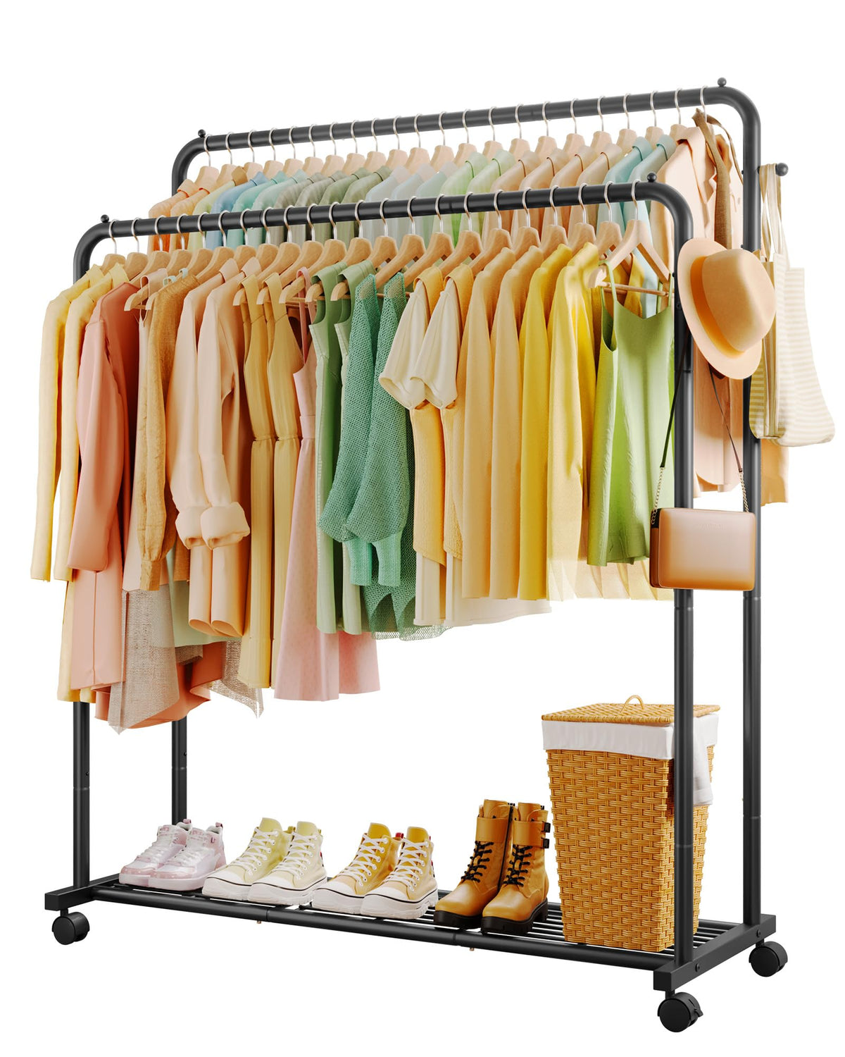 Sakugi clothes rack with double rods and wheels for easy mobility and ample hanging space.