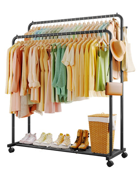Sakugi clothes rack with double rods and wheels for easy mobility and ample hanging space.