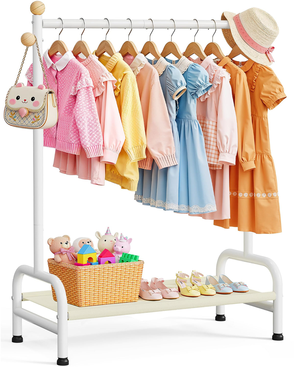 Sakugi clothes rack front view highlighting compact 31-inch height for kid-friendly access