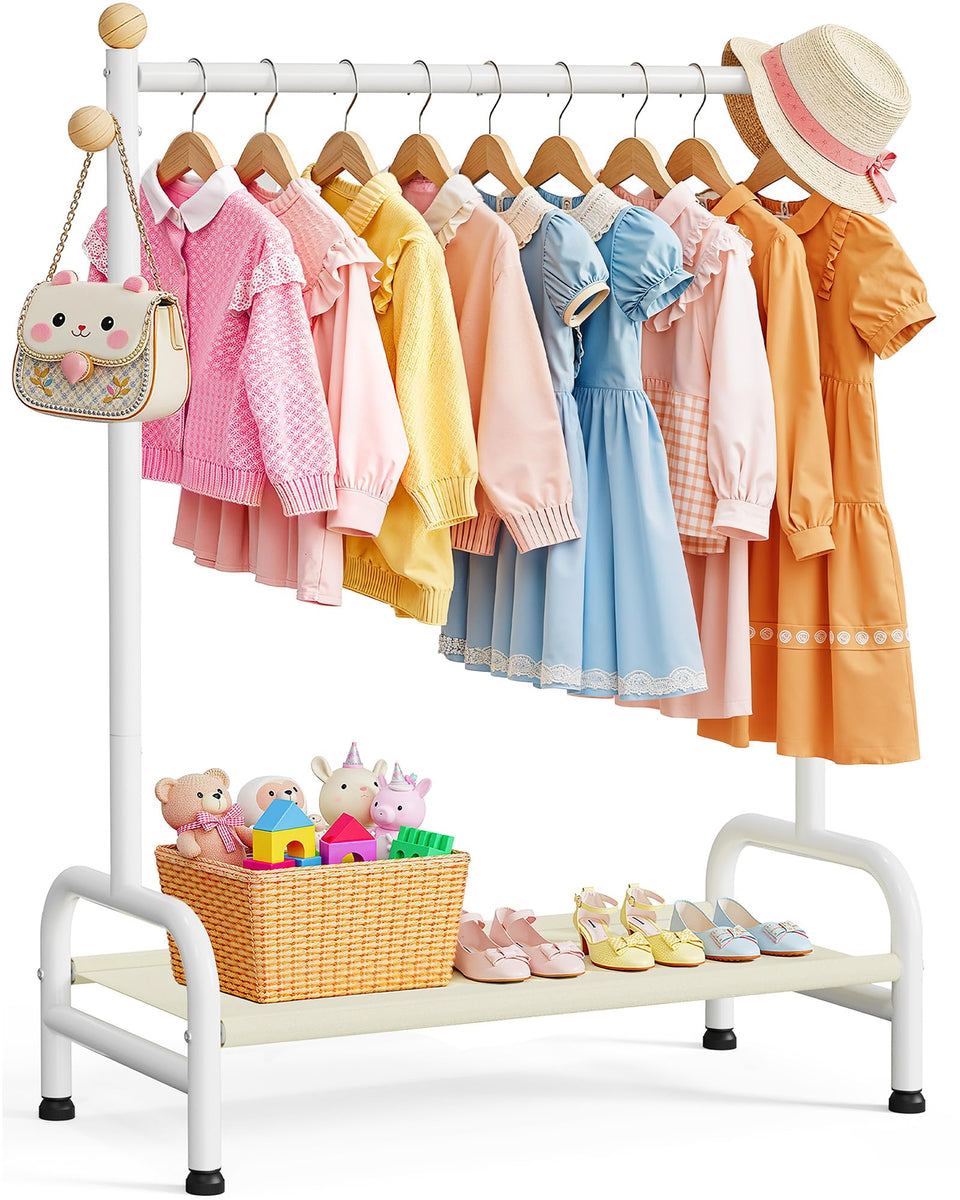 Sakugi clothes rack front view highlighting compact 31-inch height for kid-friendly access