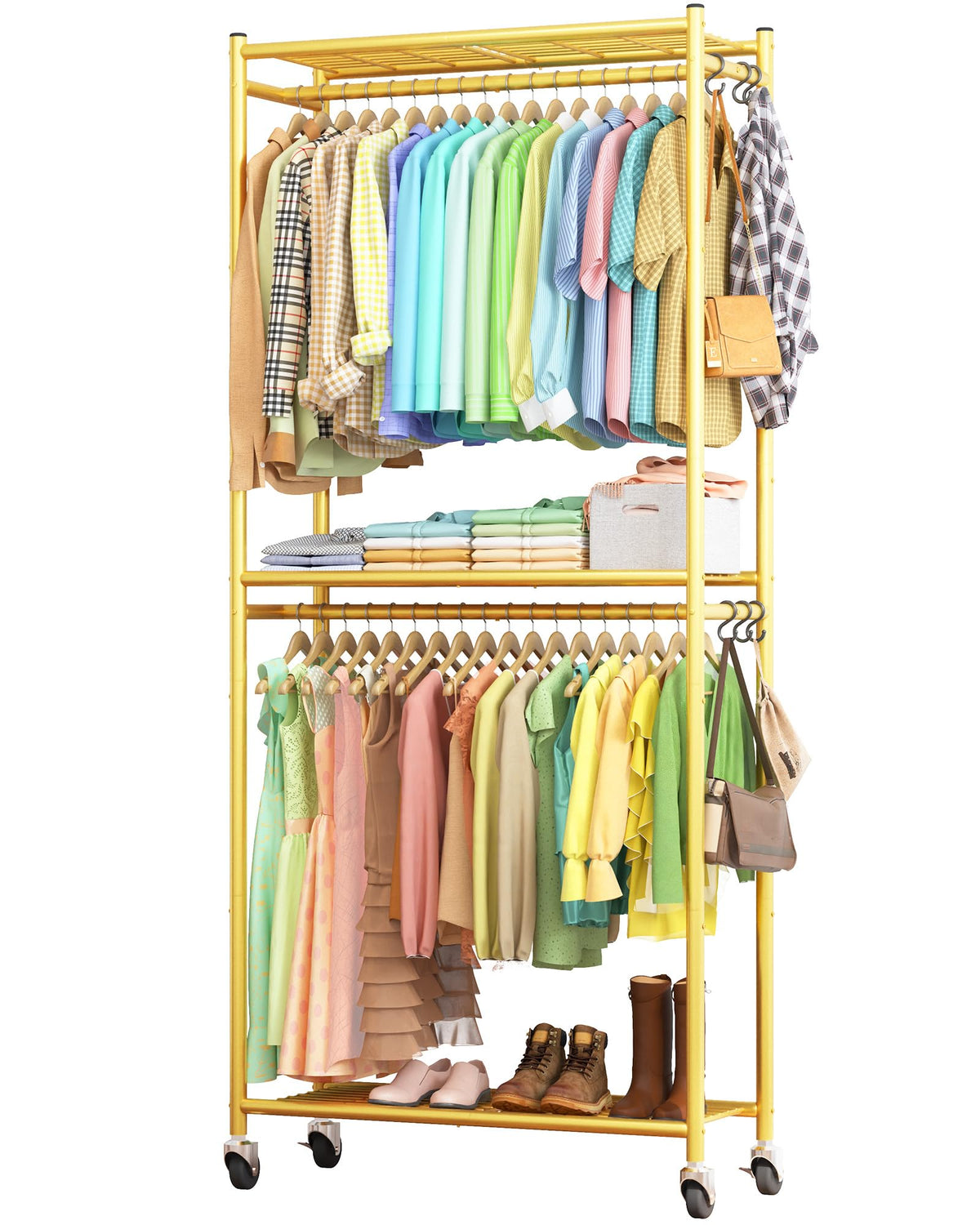 Sakugi clothes rack fully assembled in a modern bedroom for organized wardrobe storage.