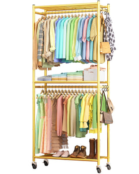 Sakugi clothes rack fully assembled in a modern bedroom for organized wardrobe storage.