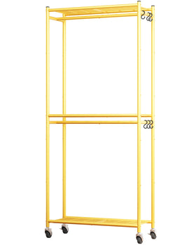 Sakugi wardrobe rack with hanger rods and hooks for versatile outfit organization.