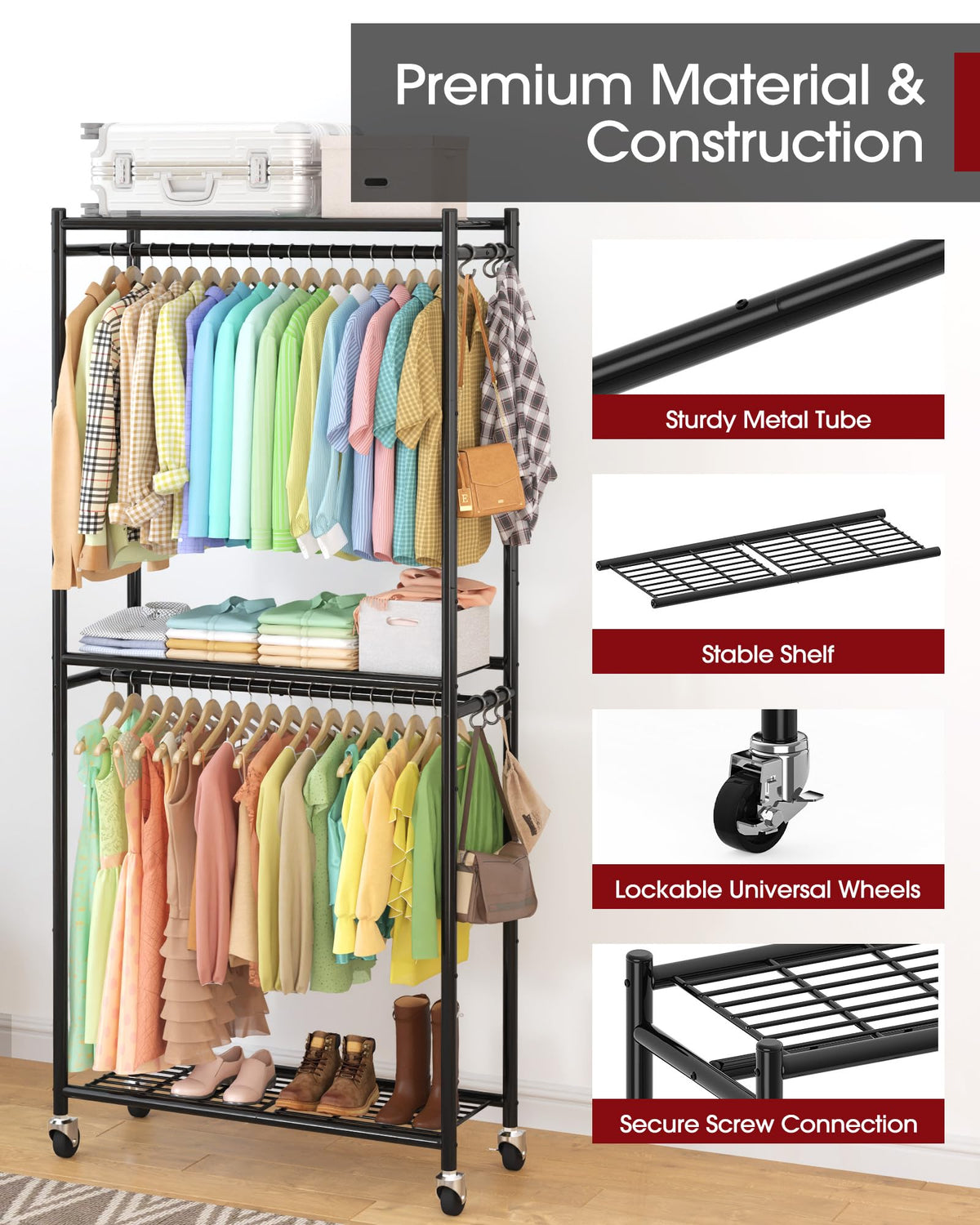 Sakugi Clothes Rack with hanger rods and shelves for versatile storage.