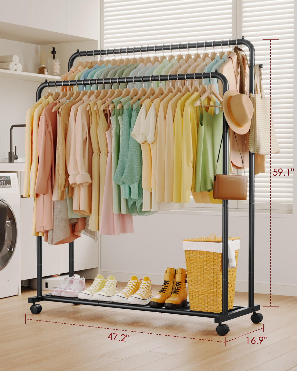 Sakugi mesh shelf on the bottom for secure storage of shoes and small items.