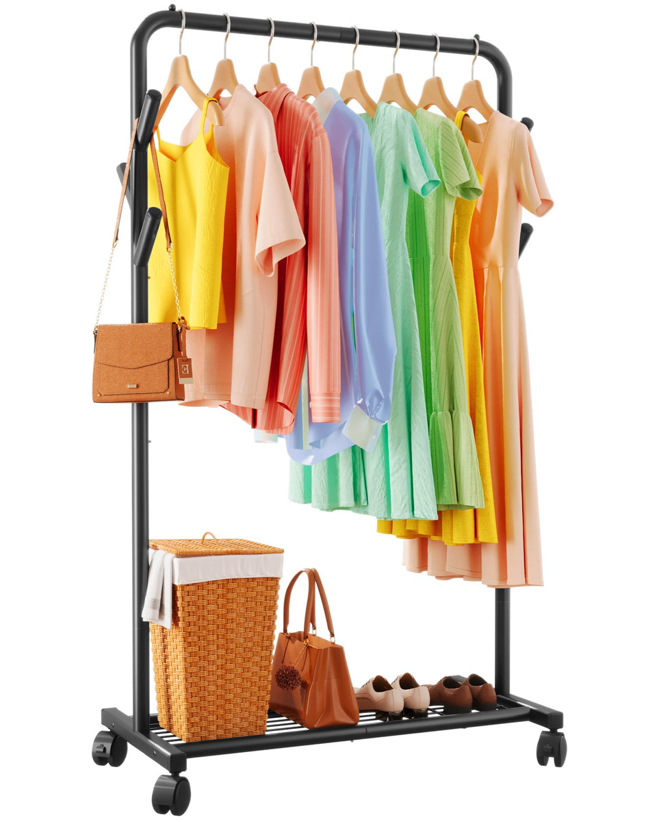 Sakugi clothes rack rolling bottom shelf for compact bedroom storage