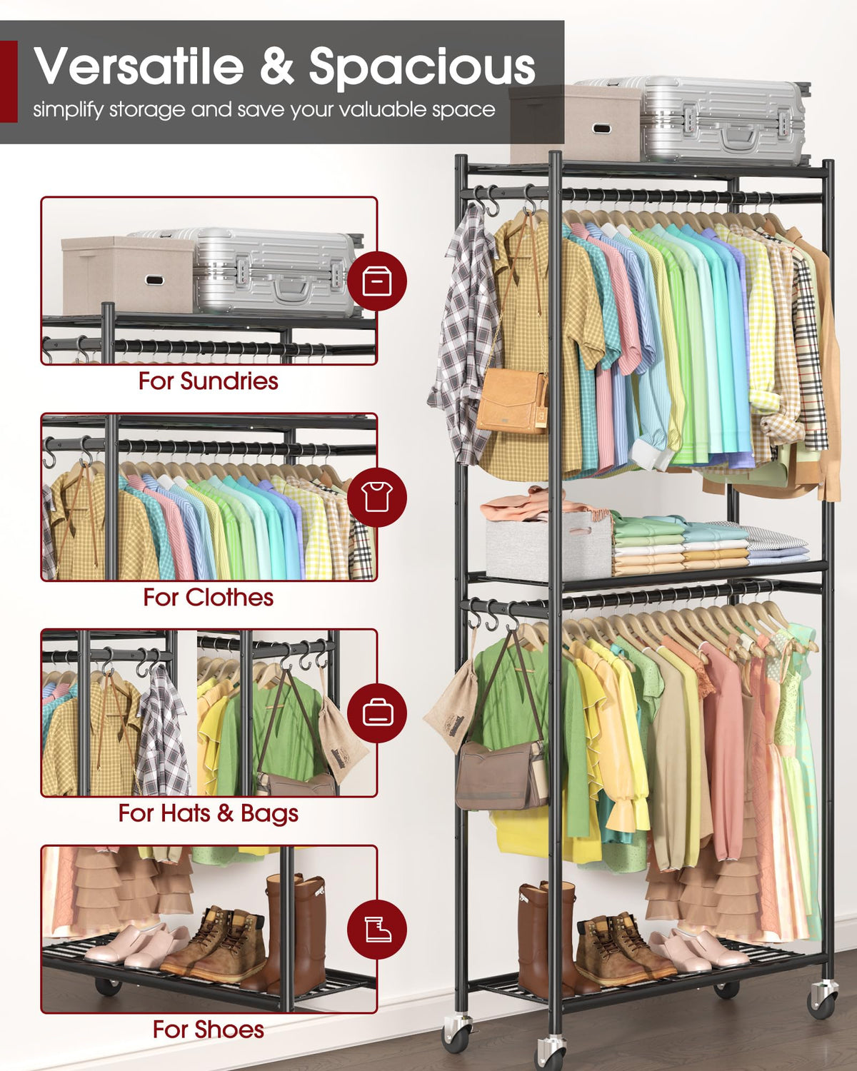 Sakugi Clothes Rack wheels with brakes for safe, easy repositioning.