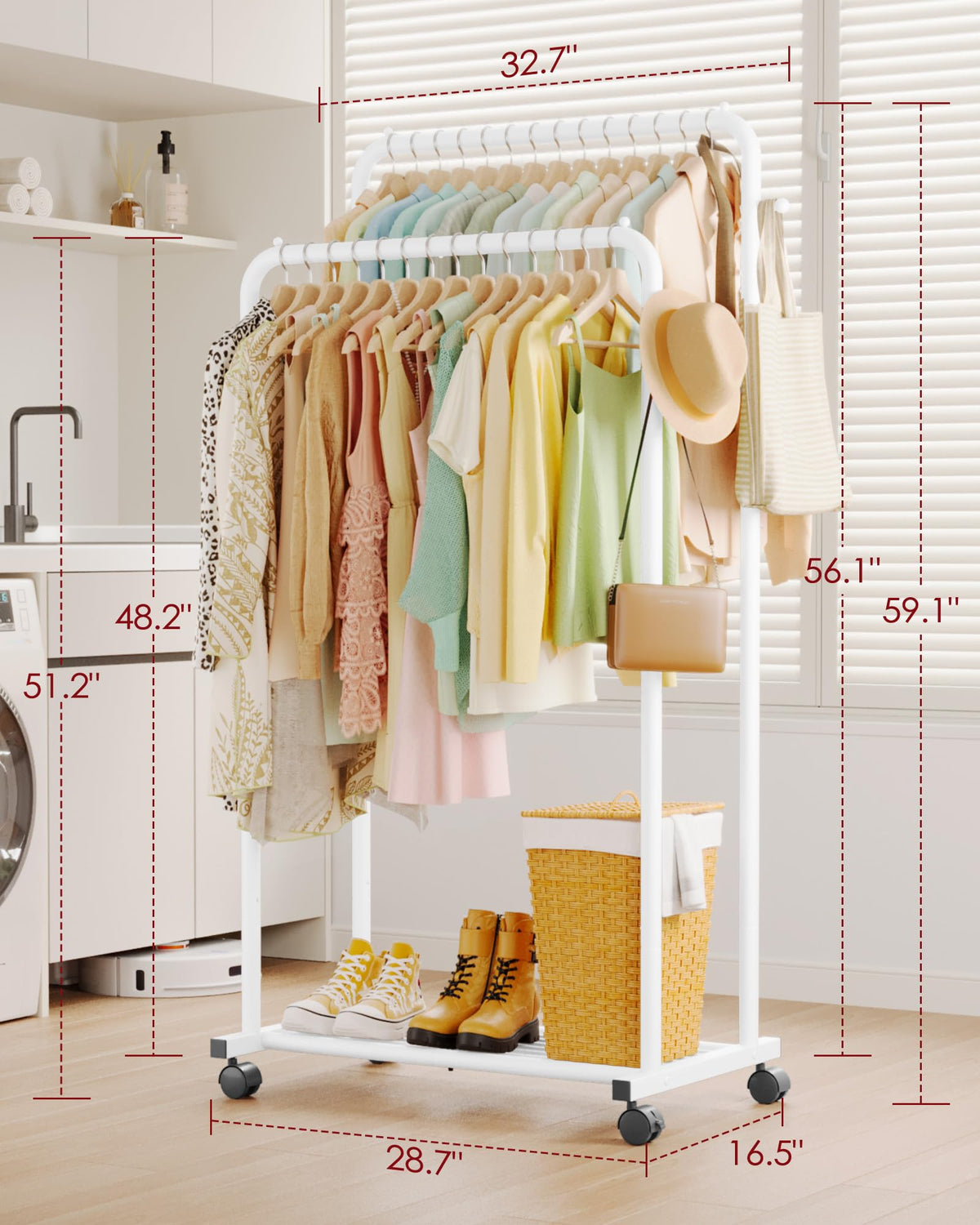 Sakugi clothes rack with wheels enables smooth mobility for laundry or dorm use.