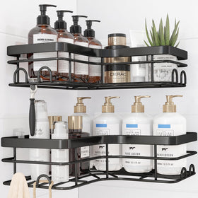 Sakugi corner shower caddy 2-pack with adhesive, organized corner storage in black finish.