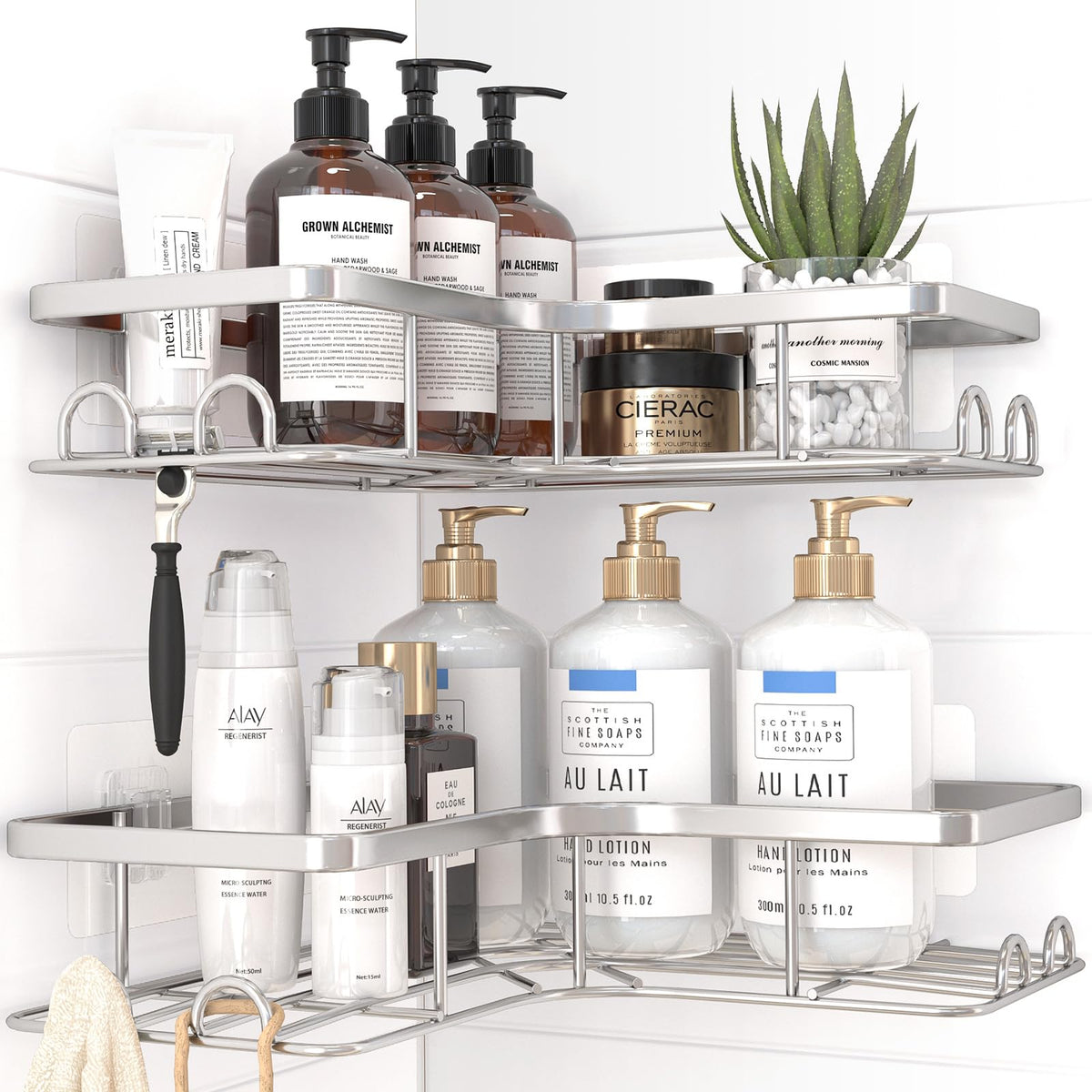 Sakugi corner shower caddy 2-pack keeps shower toiletries within easy reach.