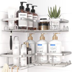Sakugi corner shower caddy 2-pack keeps shower toiletries within easy reach.