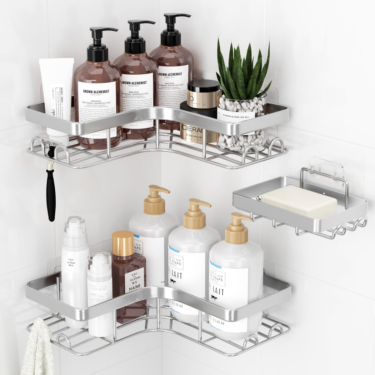 Sakugi corner shower caddy with large rack securely holds toiletries and resists rust.