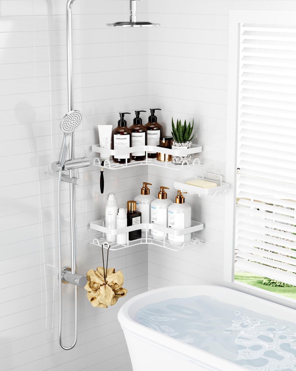 Sakugi Corner Shower Caddy with adhesive tapes for drill-free wall mounting.