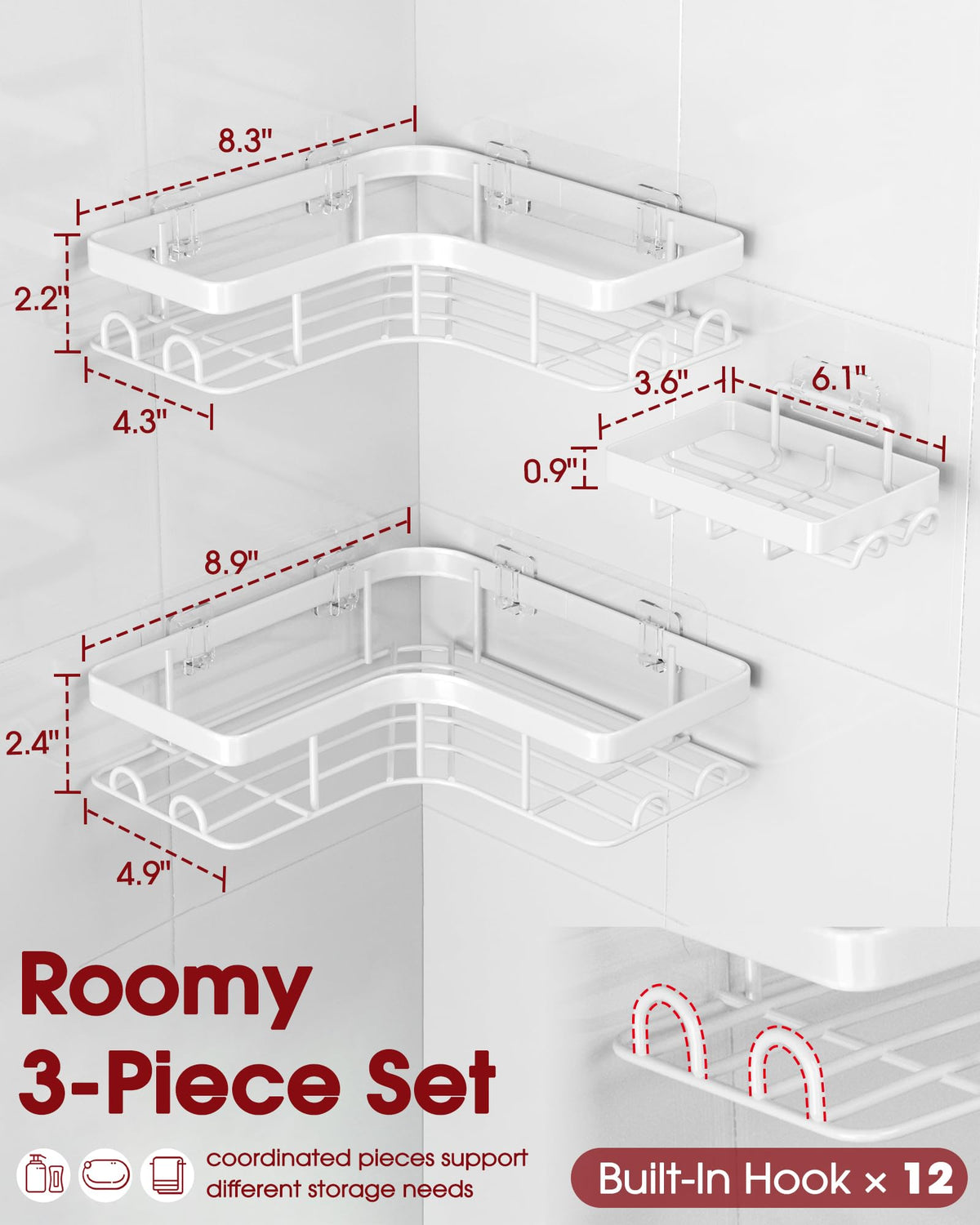 Sakugi Corner Shower Caddy close-up showing built-in four hooks for razors and towels.