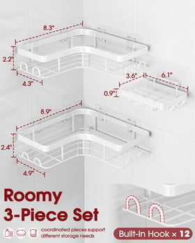 Sakugi Corner Shower Caddy close-up showing built-in four hooks for razors and towels.